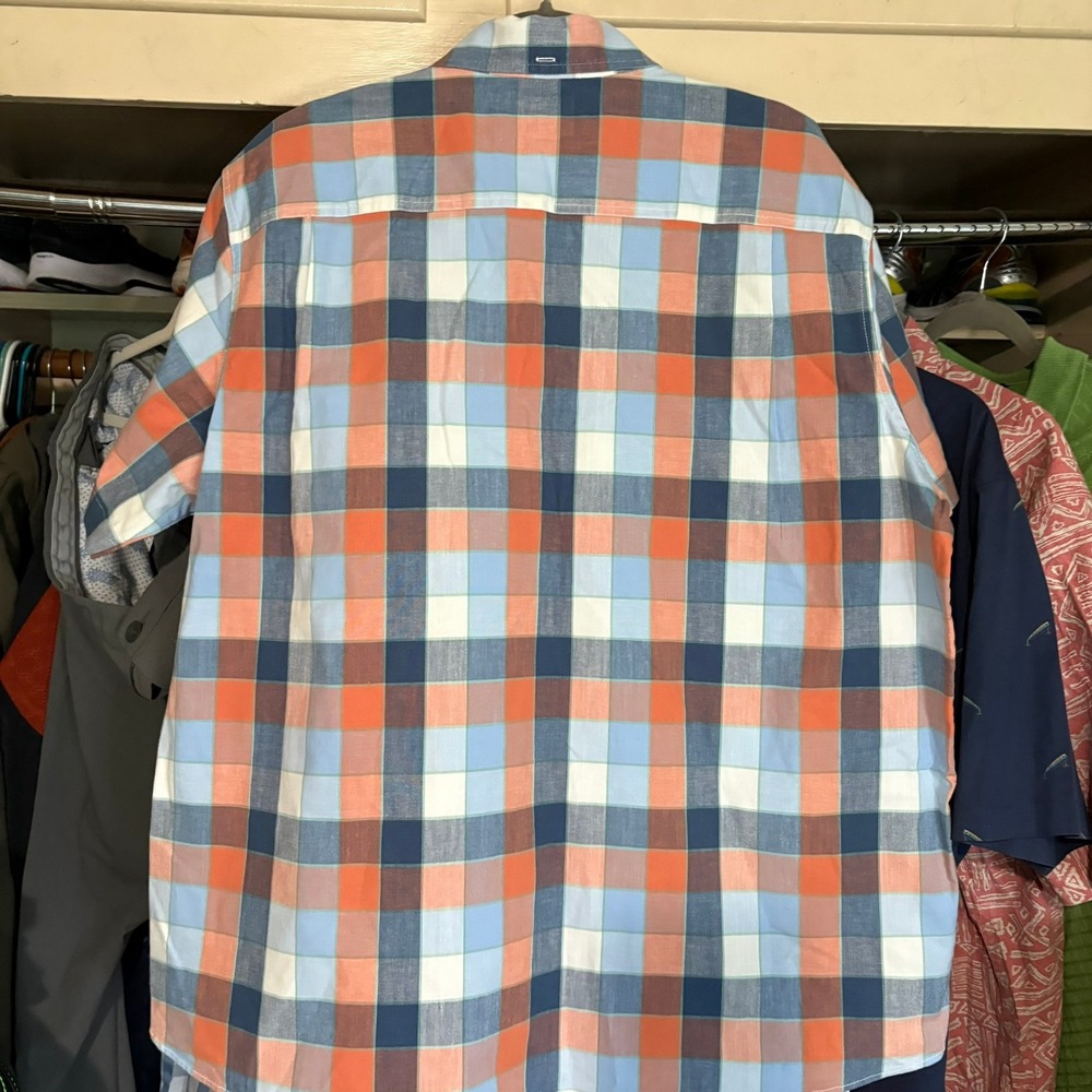 LL Bean Mens XL Traditional Fit Plaid Short Sleeve Button Down Shirt Orange Blue - Picture 11 of 13
